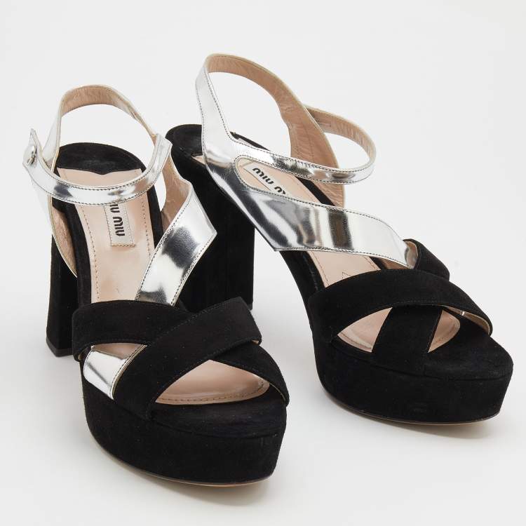 Pre Owned Miu Miu Black/Silver Suede And Leather Platform Ankle Strap Sandals Size 39
