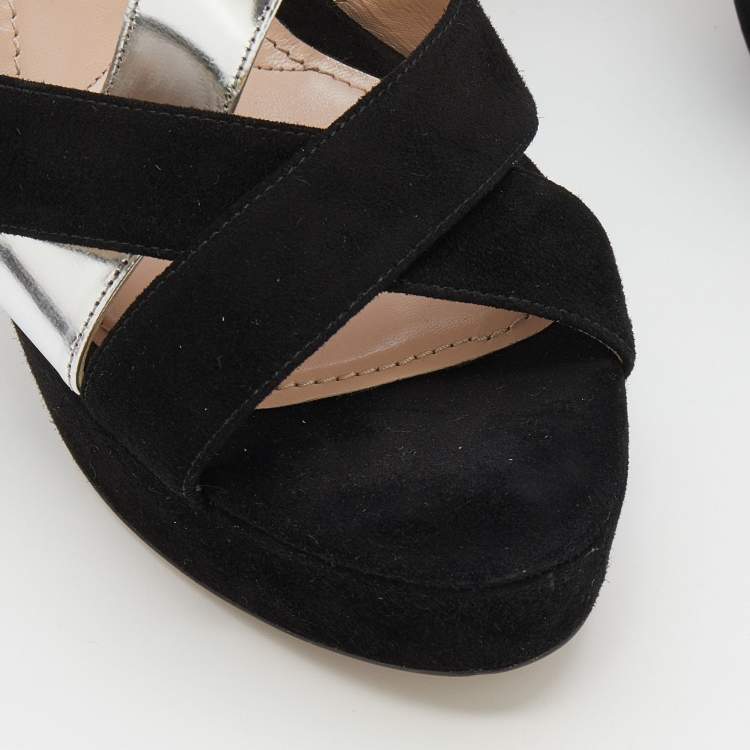 Pre Owned Miu Miu Black/Silver Suede And Leather Platform Ankle Strap Sandals Size 39