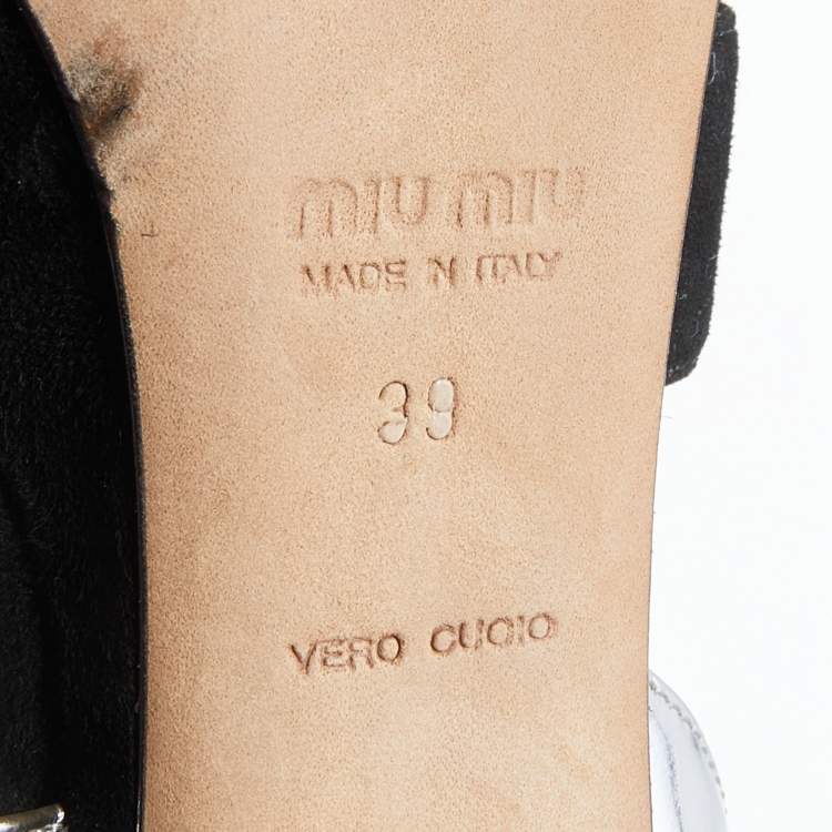 Pre Owned Miu Miu Black/Silver Suede And Leather Platform Ankle Strap Sandals Size 39