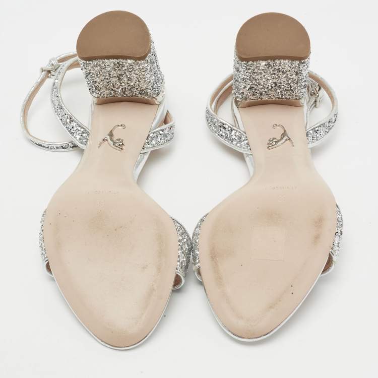 Pre Owned Miu Miu Silver Glitter Ankle Strap Embellished Block Heel Sandals Size 39