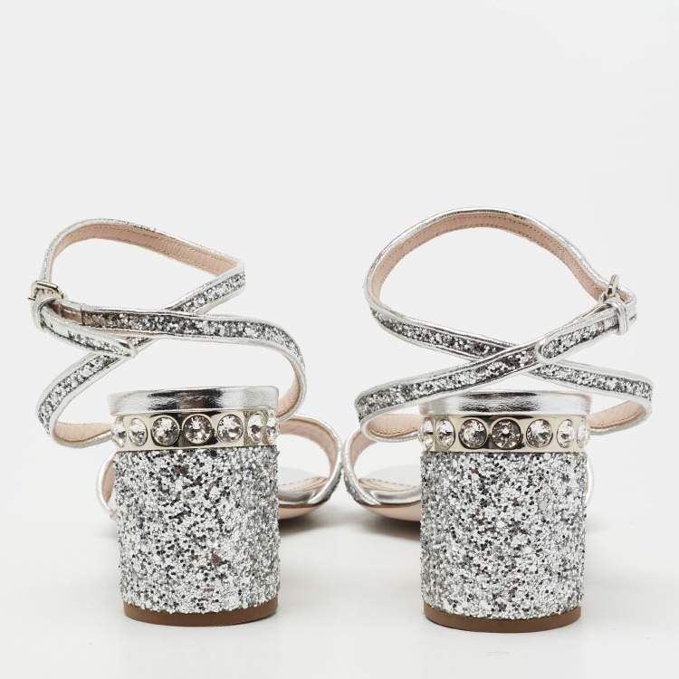 Pre Owned Miu Miu Silver Glitter Ankle Strap Embellished Block Heel Sandals Size 39