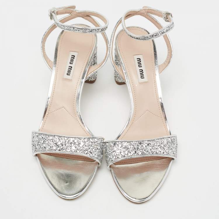 Pre Owned Miu Miu Silver Glitter Ankle Strap Embellished Block Heel Sandals Size 39