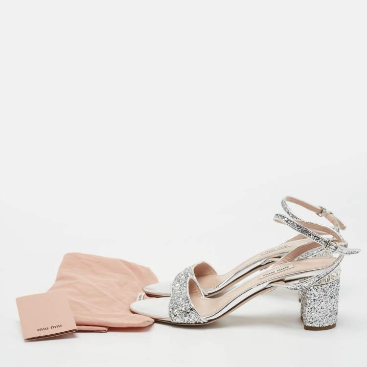 Pre Owned Miu Miu Silver Glitter Ankle Strap Embellished Block Heel Sandals Size 39