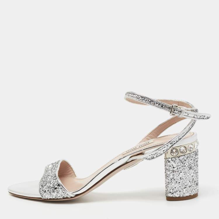 Miu Miu Silver Glitter Ankle Strap Embellished Block Heel Sandals