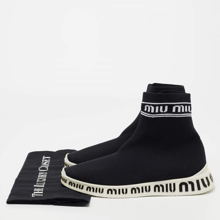 Pre Owned Miu Miu  Black Knit Fabric Hight Top Sneakers Size 38