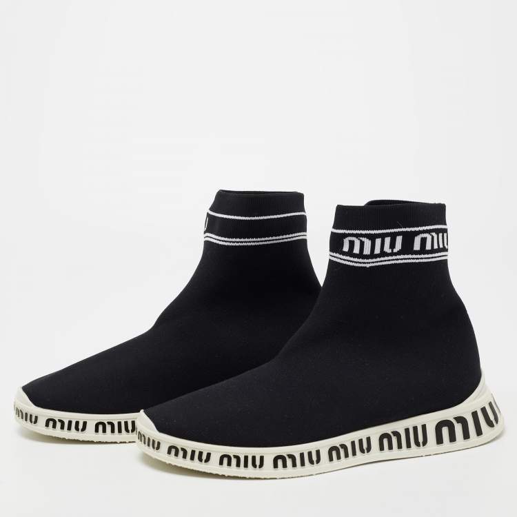 Pre Owned Miu Miu  Black Knit Fabric Hight Top Sneakers Size 38