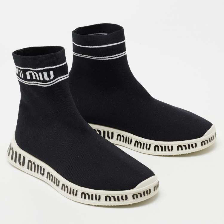 Pre Owned Miu Miu  Black Knit Fabric Hight Top Sneakers Size 38