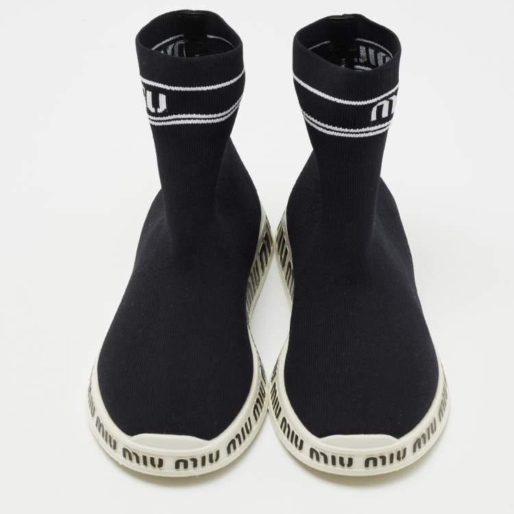 Pre Owned Miu Miu  Black Knit Fabric Hight Top Sneakers Size 38