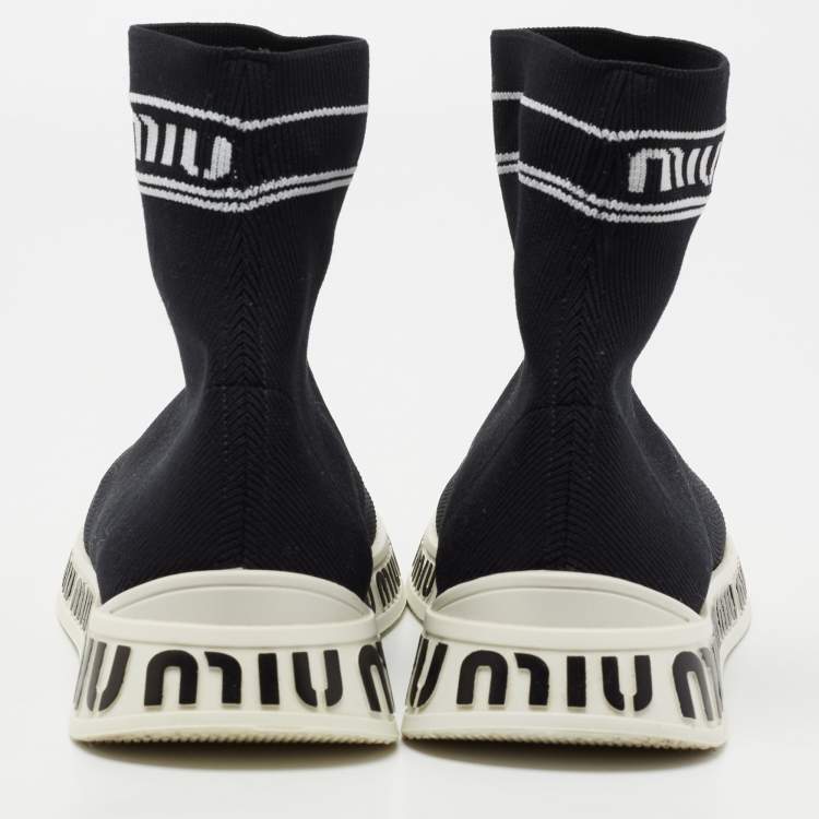 Pre Owned Miu Miu  Black Knit Fabric Hight Top Sneakers Size 38