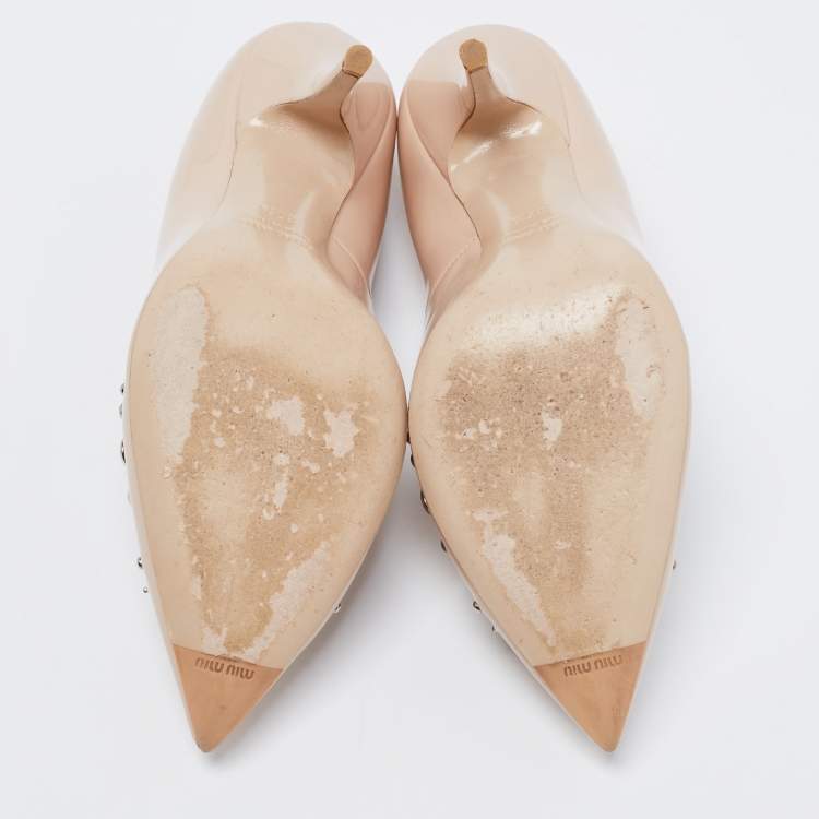 Pre Owned Miu Miu Beige Patent Leather Crystal and Pearl Embellished Pointed Toe Pumps Size 37.5