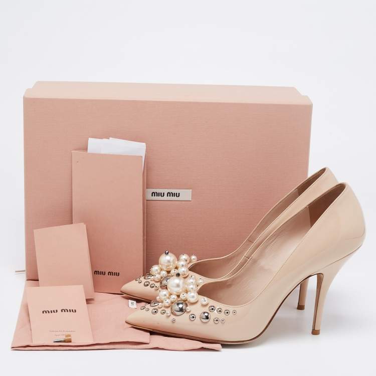 Pre Owned Miu Miu Beige Patent Leather Crystal and Pearl Embellished Pointed Toe Pumps Size 37.5