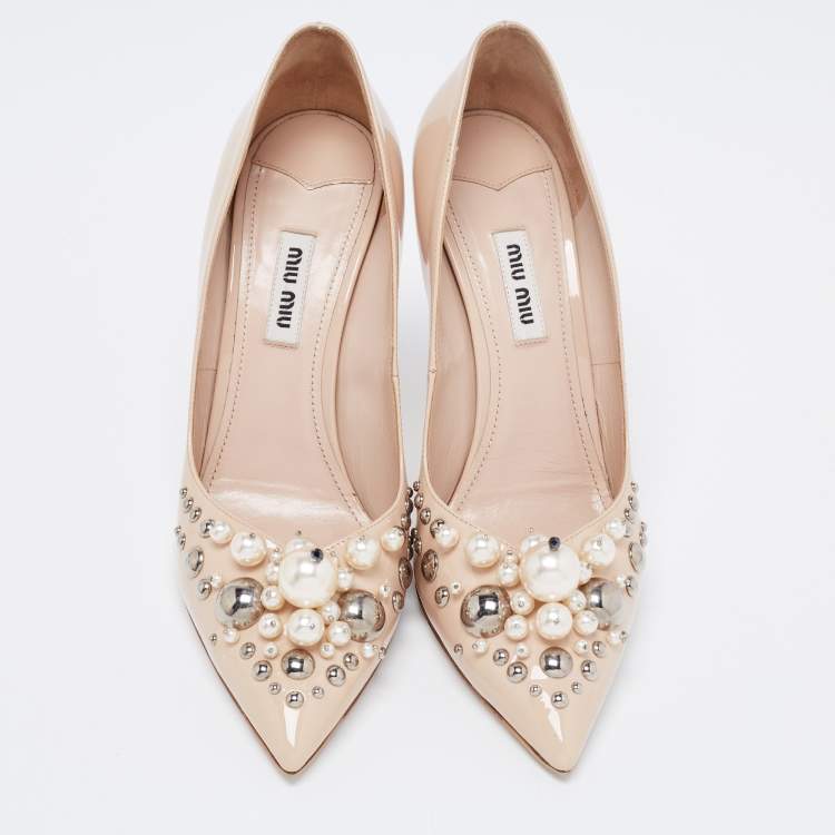 Pre Owned Miu Miu Beige Patent Leather Crystal and Pearl Embellished Pointed Toe Pumps Size 37.5