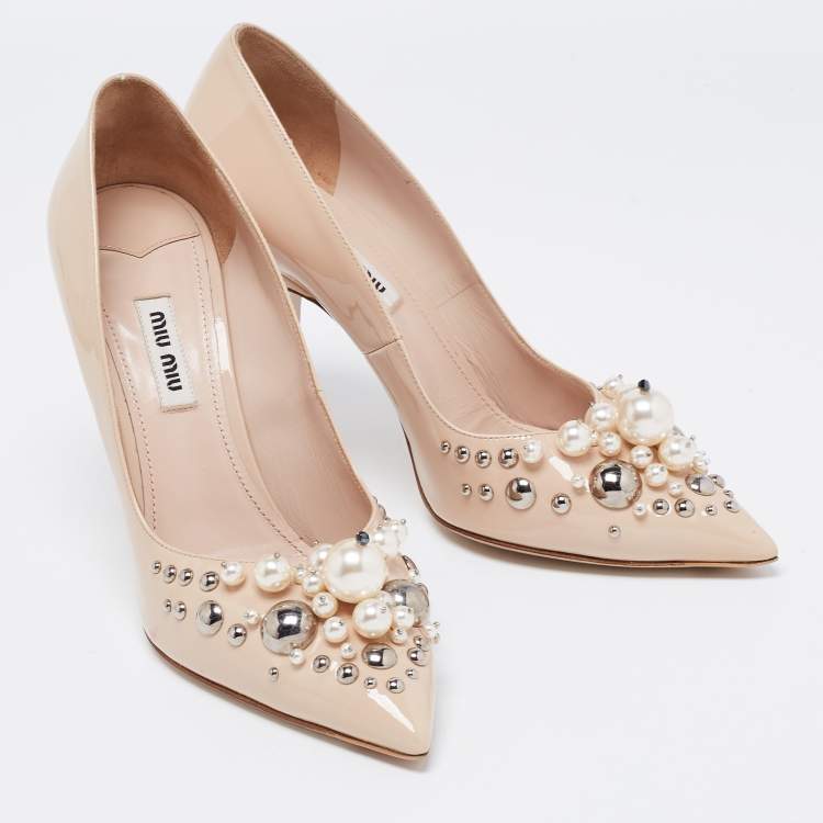 Pre Owned Miu Miu Beige Patent Leather Crystal and Pearl Embellished Pointed Toe Pumps Size 37.5