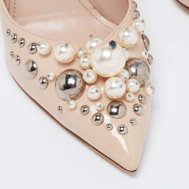 Pre Owned Miu Miu Beige Patent Leather Crystal and Pearl Embellished Pointed Toe Pumps Size 37.5