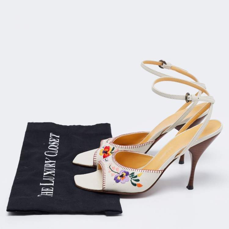 Pre Owned Miu Miu Off-White Leather Floral Embroidery Ankle Strap Sandals Size 39