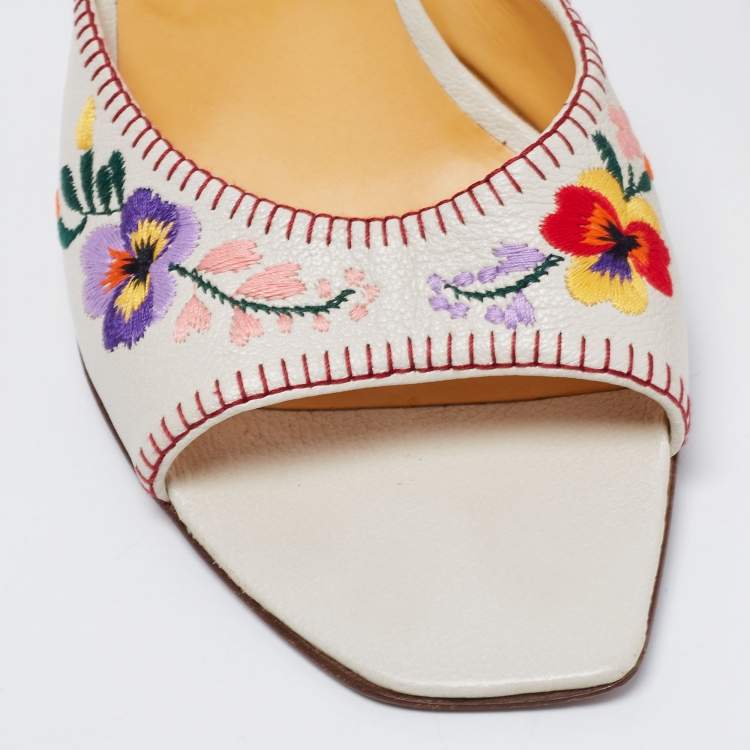 Pre Owned Miu Miu Off-White Leather Floral Embroidery Ankle Strap Sandals Size 39