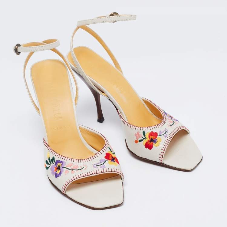 Pre Owned Miu Miu Off-White Leather Floral Embroidery Ankle Strap Sandals Size 39
