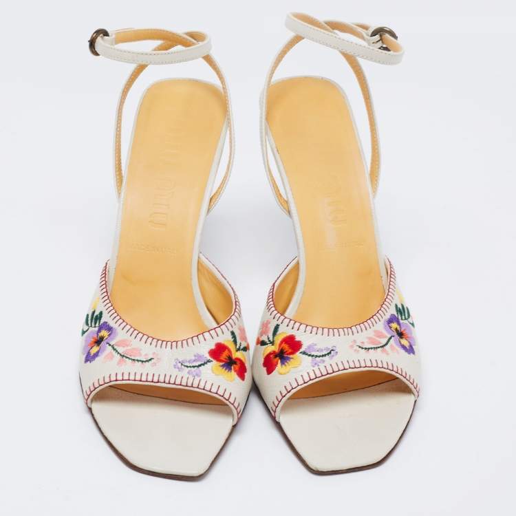 Pre Owned Miu Miu Off-White Leather Floral Embroidery Ankle Strap Sandals Size 39