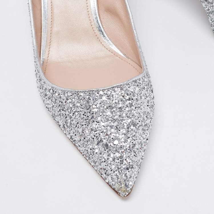 Pre Owned Miu Miu Metallic Silver Glitter Pointed Toe Embellished Block Heel Pumps Size 40