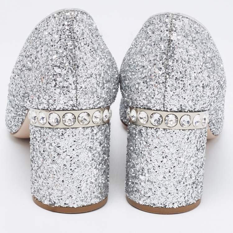 Pre Owned Miu Miu Metallic Silver Glitter Pointed Toe Embellished Block Heel Pumps Size 40