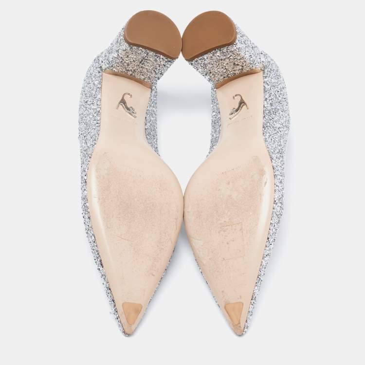 Pre Owned Miu Miu Metallic Silver Glitter Pointed Toe Embellished Block Heel Pumps Size 40