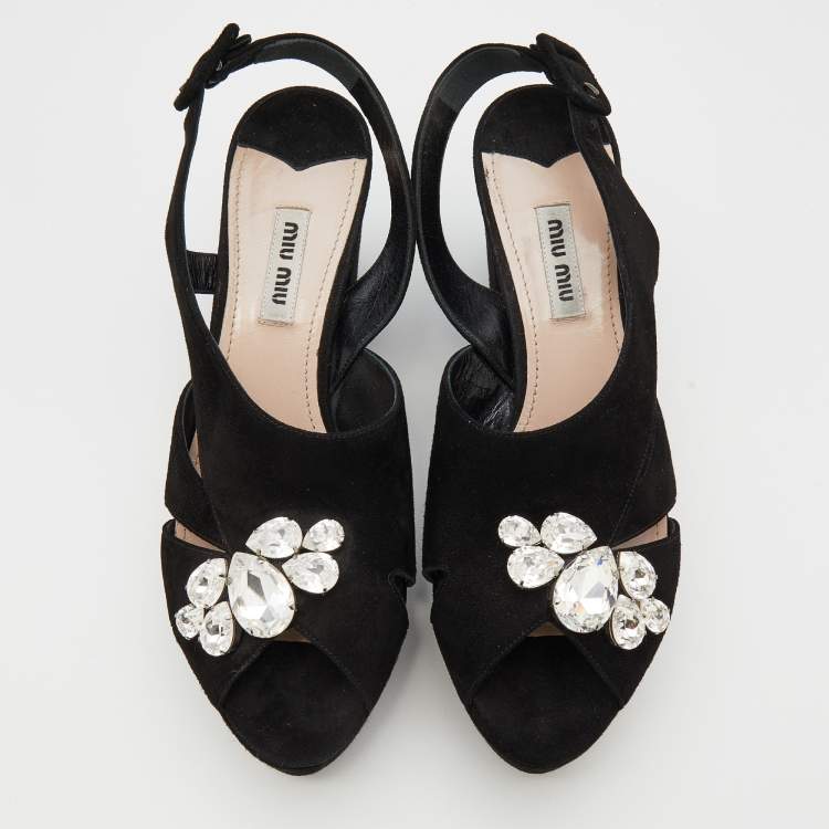 مملوكة مسبقًا Miu Miu Black Suede Crystal Embellished Block Heel Platform Sandals Size 37.5