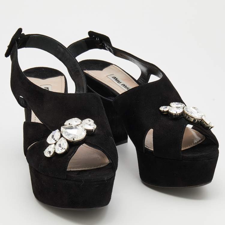 مملوكة مسبقًا Miu Miu Black Suede Crystal Embellished Block Heel Platform Sandals Size 37.5
