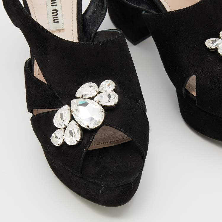 مملوكة مسبقًا Miu Miu Black Suede Crystal Embellished Block Heel Platform Sandals Size 37.5