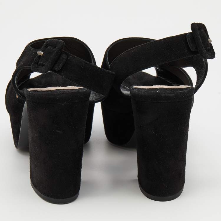 مملوكة مسبقًا Miu Miu Black Suede Crystal Embellished Block Heel Platform Sandals Size 37.5