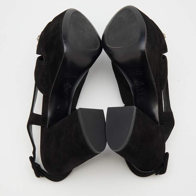 مملوكة مسبقًا Miu Miu Black Suede Crystal Embellished Block Heel Platform Sandals Size 37.5