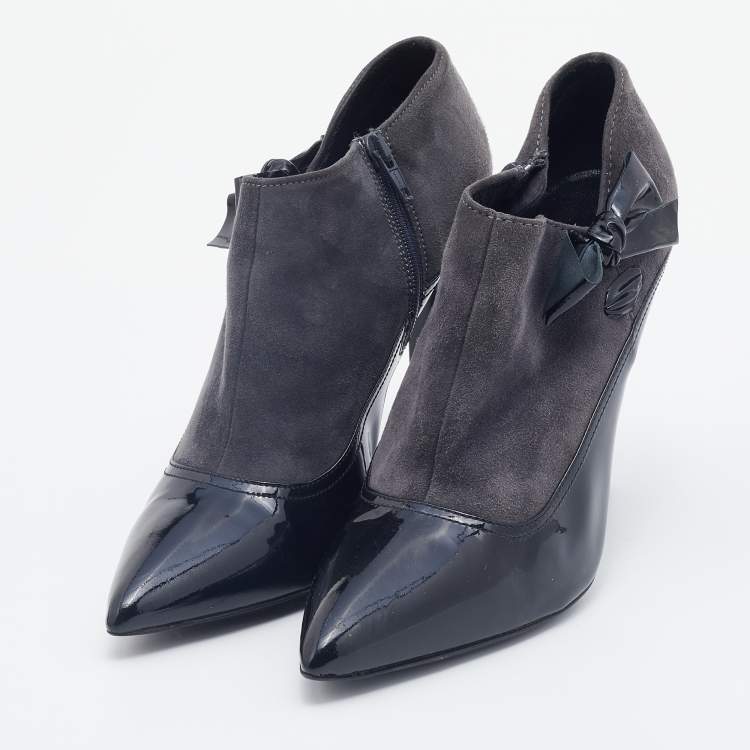 Pre Owned Miu Miu Grey/Black Patent Leather and Suede Bow Ankle Booties Size 38