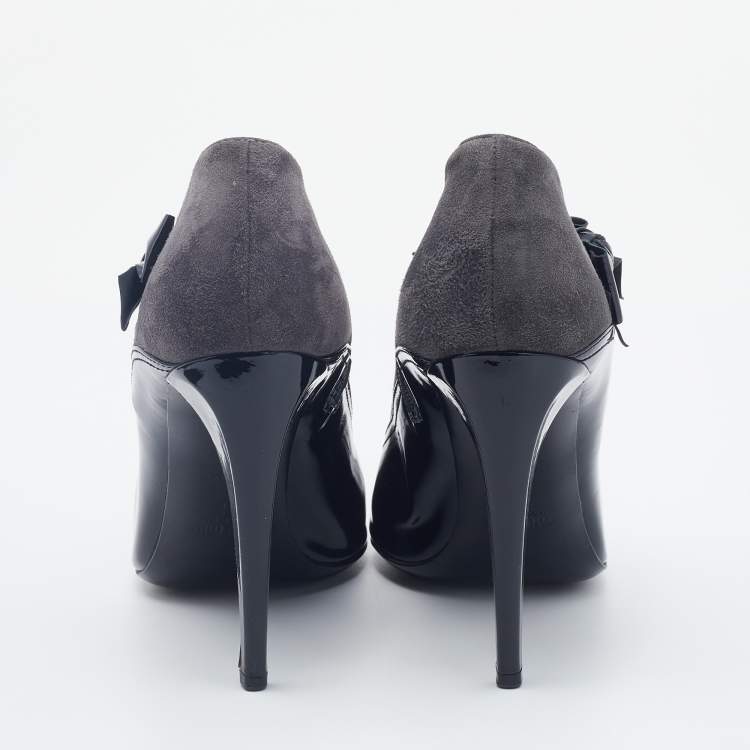 Pre Owned Miu Miu Grey/Black Patent Leather and Suede Bow Ankle Booties Size 38