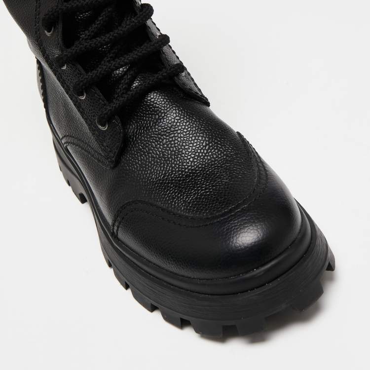 Pre Owned Miu Miu Black Leather Military Combat Buckle Boots Size 40