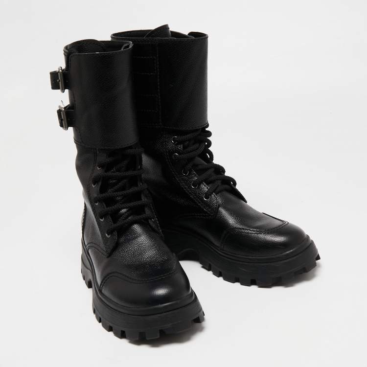 Pre Owned Miu Miu Black Leather Military Combat Buckle Boots Size 40