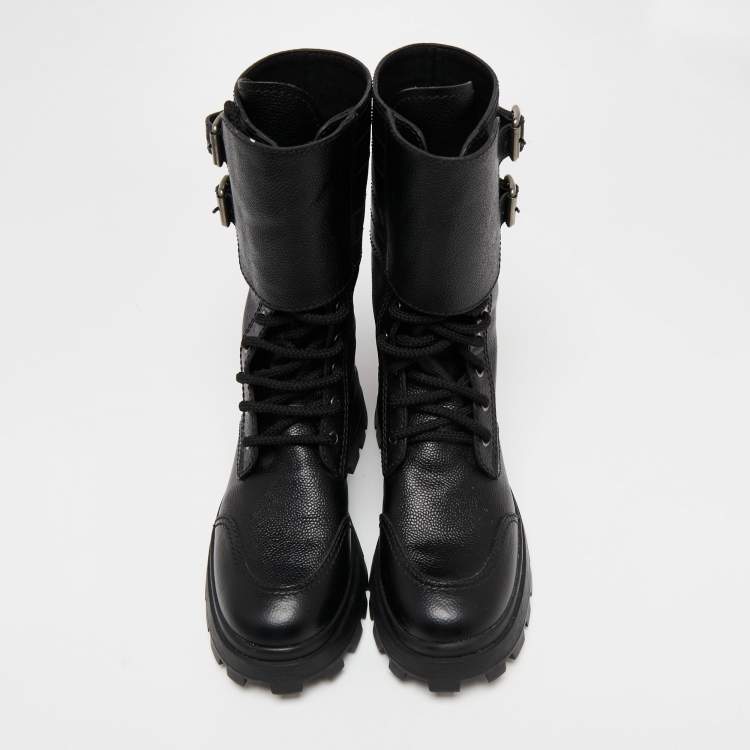 Pre Owned Miu Miu Black Leather Military Combat Buckle Boots Size 40