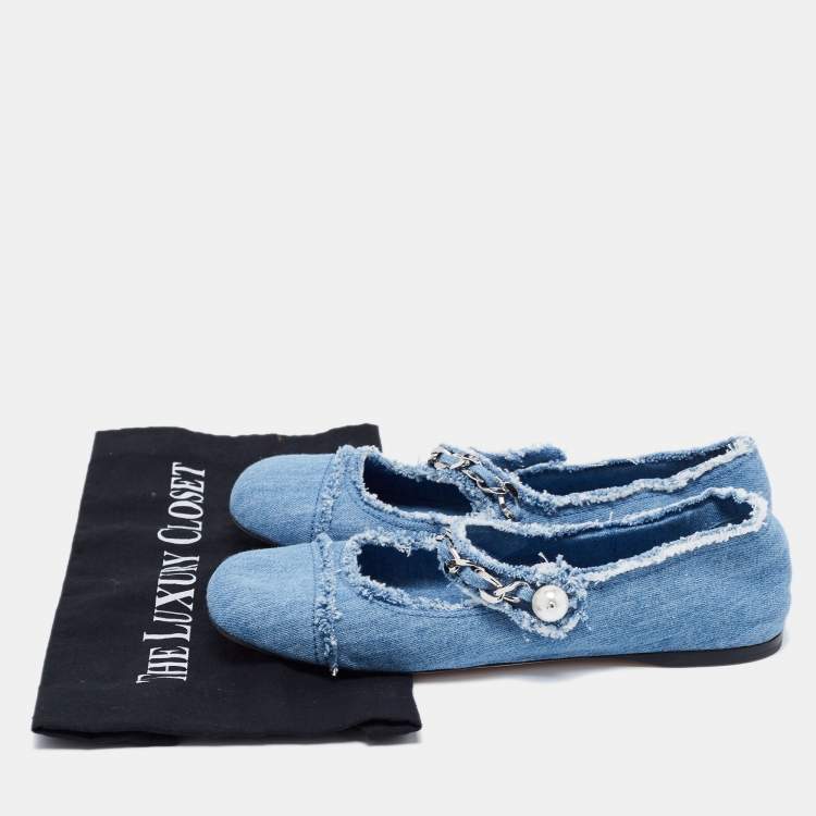 Pre Owned  Miu Miu Blue Denim Chain Strap Mary Jane Ballet Flats Size 40