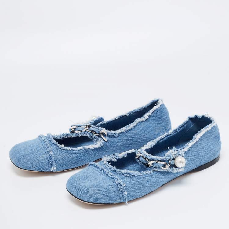 Pre Owned  Miu Miu Blue Denim Chain Strap Mary Jane Ballet Flats Size 40