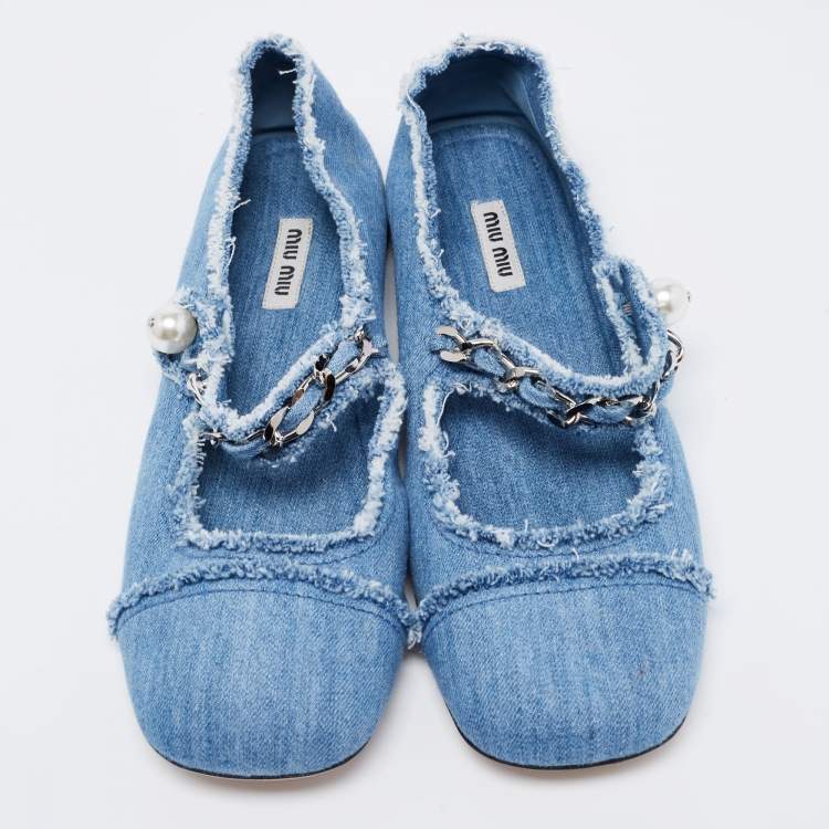 Pre Owned  Miu Miu Blue Denim Chain Strap Mary Jane Ballet Flats Size 40