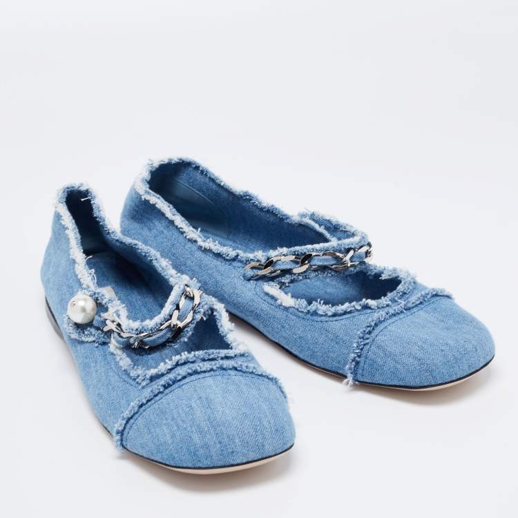 Pre Owned  Miu Miu Blue Denim Chain Strap Mary Jane Ballet Flats Size 40