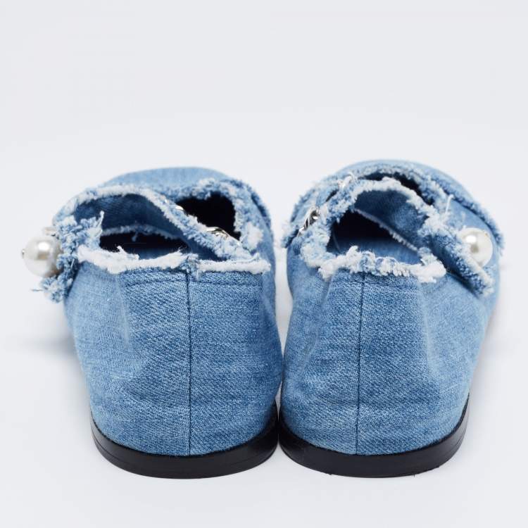 Pre Owned  Miu Miu Blue Denim Chain Strap Mary Jane Ballet Flats Size 40