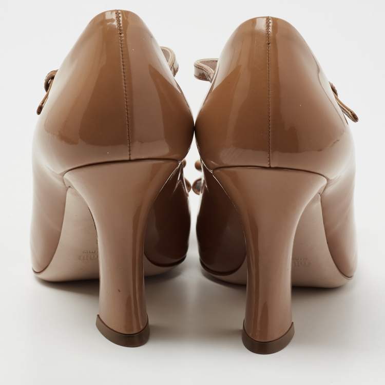 Pre Owned Miu Miu Brown Patent Leather Bow Peep Toe T-Bar Pumps Size 38