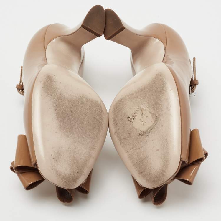 Pre Owned Miu Miu Brown Patent Leather Bow Peep Toe T-Bar Pumps Size 38