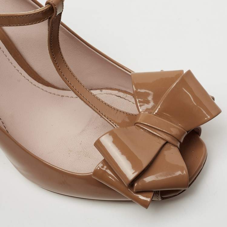 Pre Owned Miu Miu Brown Patent Leather Bow Peep Toe T-Bar Pumps Size 38