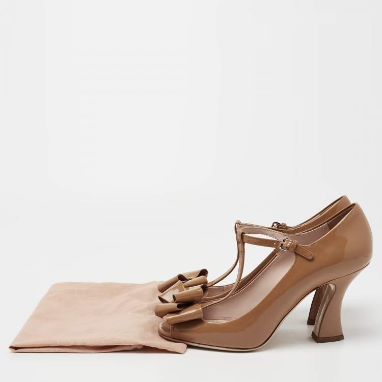 Pre Owned Miu Miu Brown Patent Leather Bow Peep Toe T-Bar Pumps Size 38