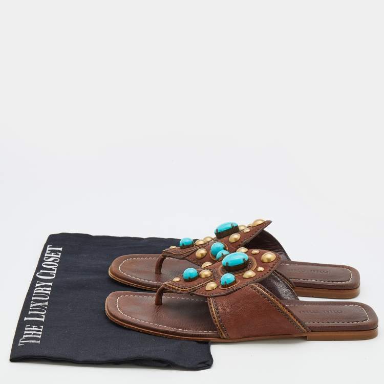 Pre Owned Miu Miu Dark Brown Leather Stone Studded Thong Flat Sandals Size 37