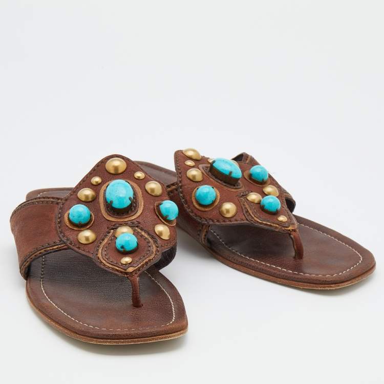 Pre Owned Miu Miu Dark Brown Leather Stone Studded Thong Flat Sandals Size 37
