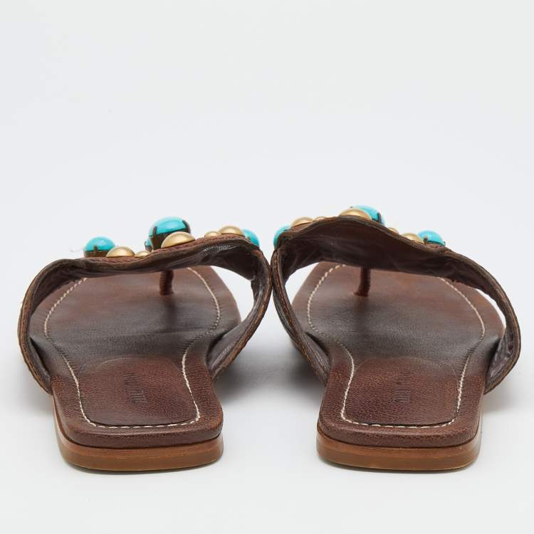 Pre Owned Miu Miu Dark Brown Leather Stone Studded Thong Flat Sandals Size 37