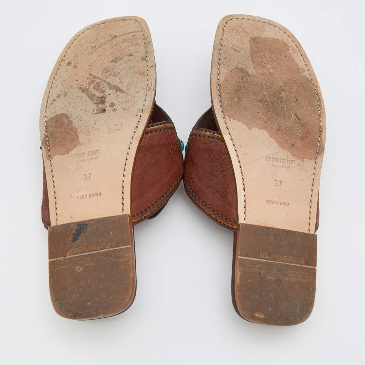 Pre Owned Miu Miu Dark Brown Leather Stone Studded Thong Flat Sandals Size 37