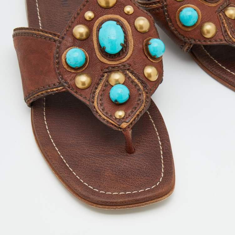 Pre Owned Miu Miu Dark Brown Leather Stone Studded Thong Flat Sandals Size 37