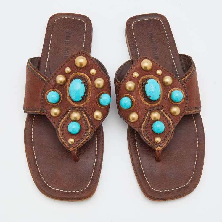 Pre Owned Miu Miu Dark Brown Leather Stone Studded Thong Flat Sandals Size 37